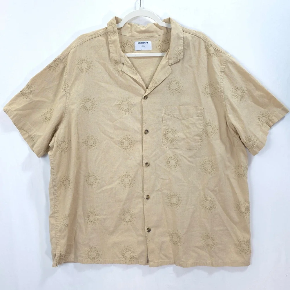Old Navy Camp Linen Blend Shirt Sunburst Embroidered Khaki Men XXL Boho Vacation